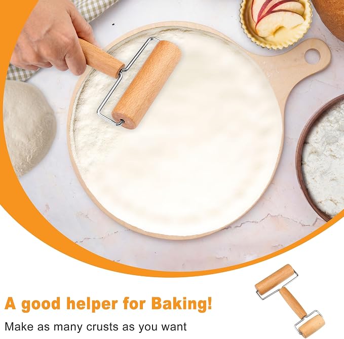 2Pcs Pizza Dough Roller & Dough Docker, Wood Rolling Pin Stainless Steel Dough Hole Puncher for Pizza, Pie, Pastry, Bread, Pasta, Cookie, Crust, burlywood, JKUS20407