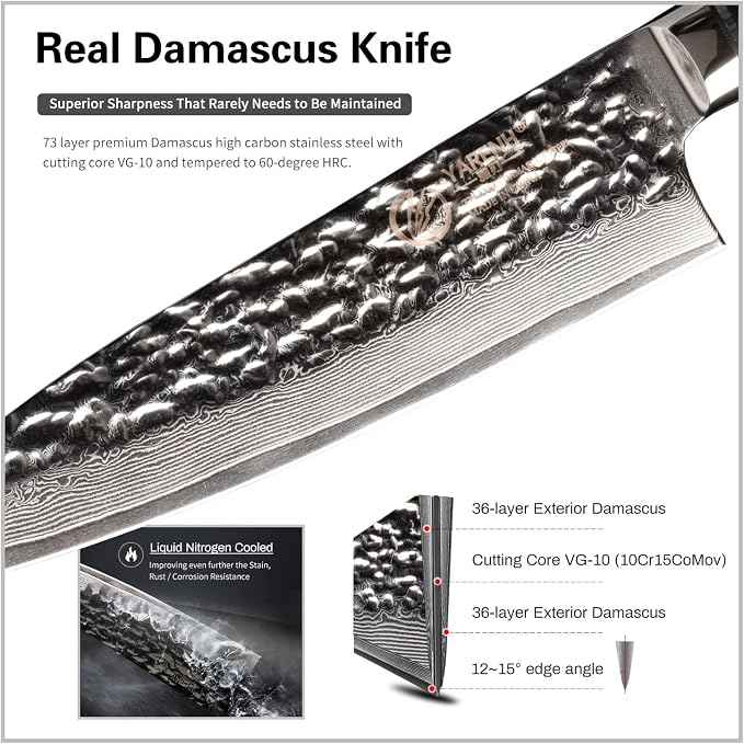 YARENH Chef Knife Set without Block, 5 Piece Professional Sharp Kitchen Knives,Damascus Stainless Steel, 73 Layers, Full Tang, Dalbergia Wood Handle, HTT Series