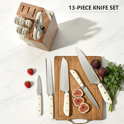 Kitchen Knife Set, 13 Pieces German Stainless Steel Knife Block Set for Chopping, Professional Chef Knife, Lightweight, Black Anti-slip Handle, Dishwasher Safe（white）