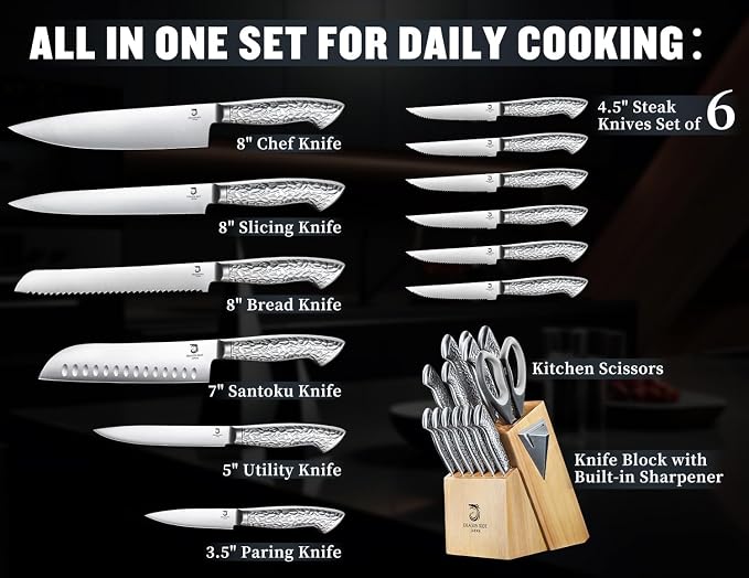 14 PCS Knife Set with Wood Block - Stainless Steel Kitchen Knife Block Set with Built in Sharpener, Dishwasher Safe, Rust Resistant, Non-Slip Ergonomic Handle - Gift for Men Women and Housewarming