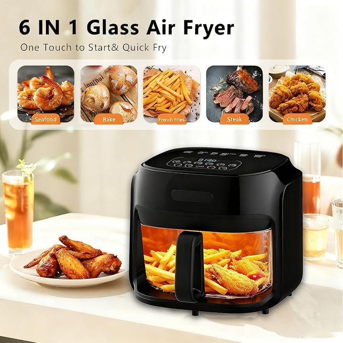 7.3QT Glass Air Fryer with See-Through Bowl, 360° Hot Air Circulation, 5 Presets, 1200W Fast Heating, Dishwasher Safe (Black)