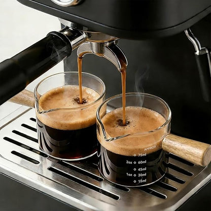 YARRAMATE 2.5 oz/75ML Espresso Shots Cup with Wooden Handle, Clear Glass Demitasse Cup with Dual Scale Markings for Coffee Extraction (2 Pack, Single Spout)