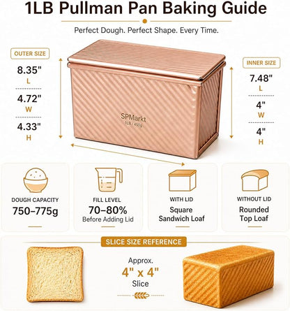 Pullman Loaf Pan with Lid, Aluminized Steel 1 Lb Nonstick Sandwich Bread Pan for Homemade Bread, 8.4x4.8 Inch Professional Rectangular Loaf Pan with Dough Scraper and Cutter
