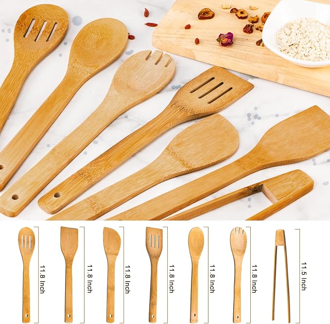 Eisinly Wooden Spoons for Cooking 7-Piece, Kitchen Nonstick Bamboo Cooking Utensils Set, Carbonized Bamboo Durability Spatula Spoon for Everyday Use
