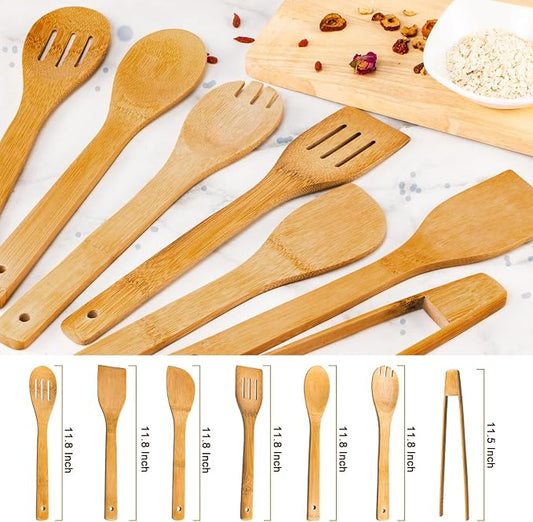 Eisinly Wooden Spoons for Cooking 7-Piece, Kitchen Nonstick Bamboo Cooking Utensils Set, Carbonized Bamboo Durability Spatula Spoon for Everyday Use