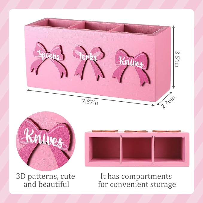 Patelai Pink Bow Wood Flatware Silverware Caddy for Countertop Small Decorative Christmas Utensil Holder Kitchen Counter with 3 Compartment Farmhouse Knife Spoon and Fork Holder for Party Kitchen