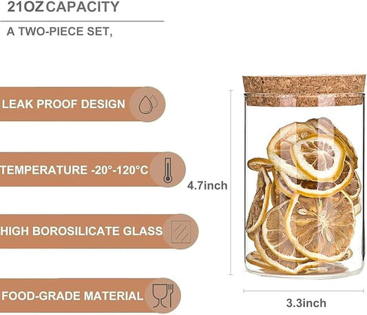 Airtight Glass Storage Containers with cork Lid, for Kitchen Pantry Organization and Storage jar，Ideal for Coffee Beans Snacks Flour Cereal Sugar Tea 21oz. (Circular 4.7 * 3.3in*2pcs)