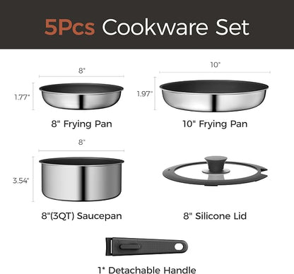 5PCS Pots and Pans Set Non Stick, Diamond-Titanium Ceramic Cookware Set & 3 Layer Stainless Steel with Detachable Handle, Induction Cookware, Non Toxic Oven/Dishwasher Safe, Black