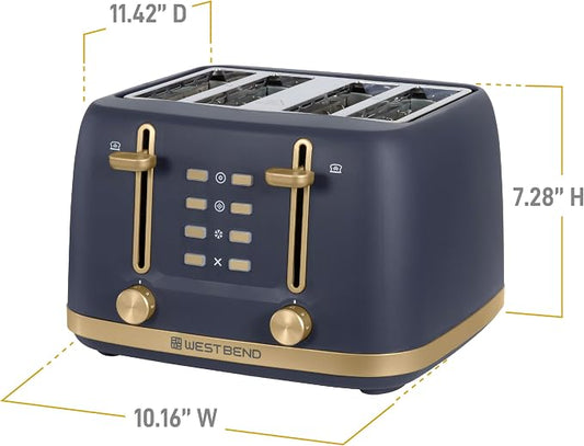 West Bend Timeless 4-Slice Toaster with 7 Browning Levels, Bagel/Waffle/Defrost Settings, High-Lift Lever, Anti-Jam, Easy-Clean Crumb Tray, 4-Slice, Blue/Gold