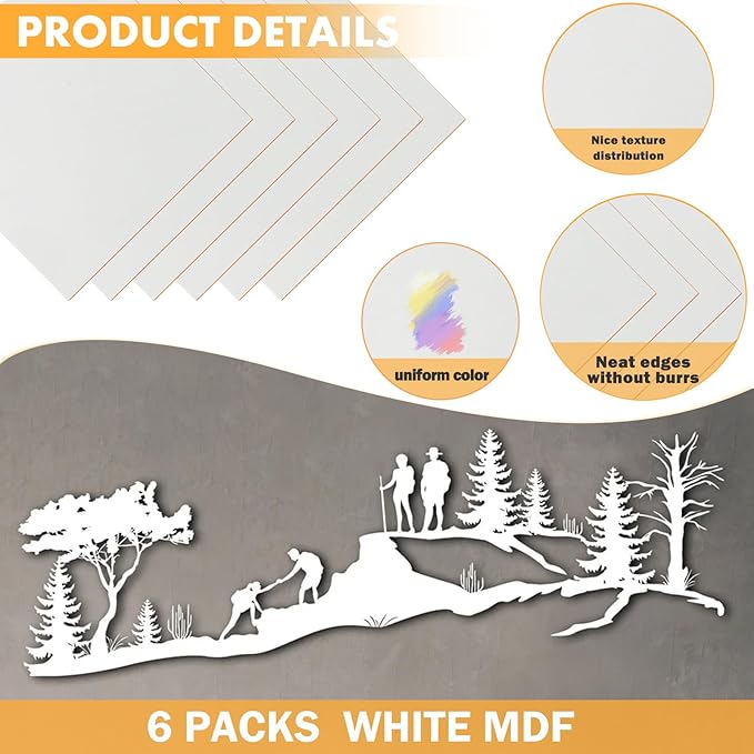 6 Pack Colored MDF Boards for Laser Engraving, 12x12x1/8 (3mm) Unfinished Fiberboard for Laser Cutting, DIY Craft Projects, Home Decor, Sign Making, Woodworking (White)