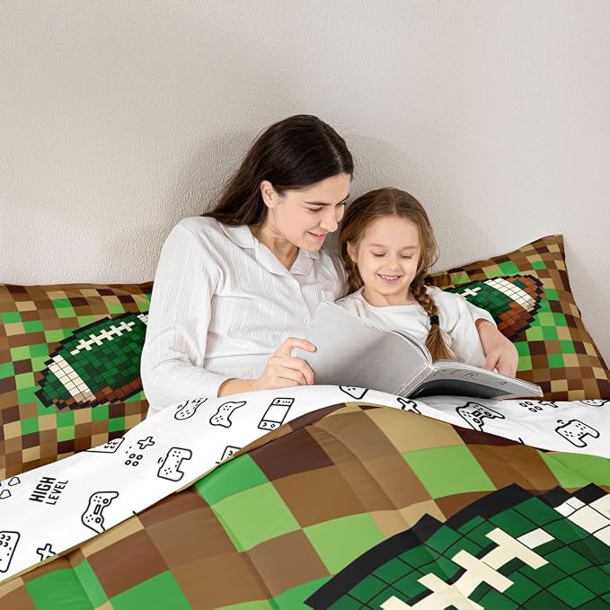 Manfei American Football Kids Comforter Toddler Size,Pixelated Geometric Grid Quilt Set for Kids Boys Girls Bedroom Decor,Gamepad Video Games Bedding Set,Brown Green Duvet Insert,1 Pillowcase