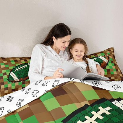 Manfei American Football Kids Comforter Toddler Size,Pixelated Geometric Grid Quilt Set for Kids Boys Girls Bedroom Decor,Gamepad Video Games Bedding Set,Brown Green Duvet Insert,1 Pillowcase