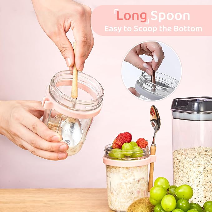 HomArtist Glass Overnight Oats Containers with Lids and Spoon, 16oz Wide Mouth Mason Jars for Overnight Oats, Cereal, Yogurt, Salad Lunch Container with Measurement Marks - MultiColor 4 Pack