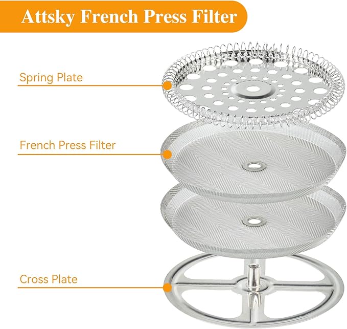8 Pieces French Press Replacement Parts Stainless Steel Set, 6 Pieces 3.6in Universal French Press Screen, Containing Spiral Disk and Cross Disk for 34oz/3.6 Inch Wide French Press Coffee Press