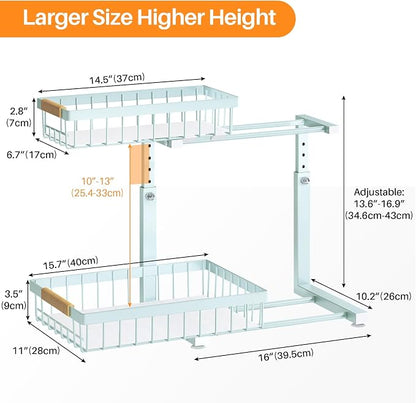 PXRACK Under Sink Organizer, Adjustable Height, 2 Tier Pull Out Under Cabinet Organizer, Slide Out Thickened Metal Under Sink Storage for Kitchen Bathroom Laundry Pantry Cabinet, Blue, Large-1-Pack