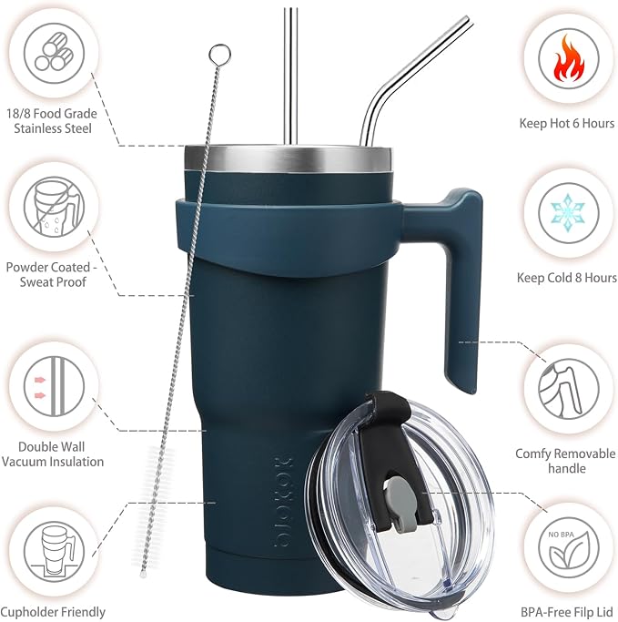 BJPKPK 20 oz Tumbler With Handle Insulated Tumbler With Lid And Straw Stainless Steel Travel Mug Coffee Cups,Navy Blue