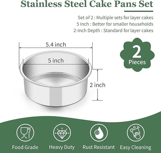 TeamFar 5 Inch Cake Pan Set of 2, Stainless Steel Small Layer Cake Baking Pans Tins, Round Bakeware for Birthday Wedding Party, Non-Toxic & Healthy, Mirror Finish & Dishwasher Safe
