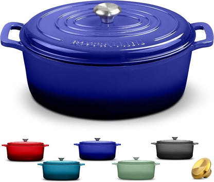 ROSSALLINI Signature Enameled Cast Iron Oval Dutch Oven | Non-Stick Serving Pot with Tight Fitting Lid for Perfect Roasting, Baking, Sauteing, and Bread Making | 6.75Q [Indigo Blue]