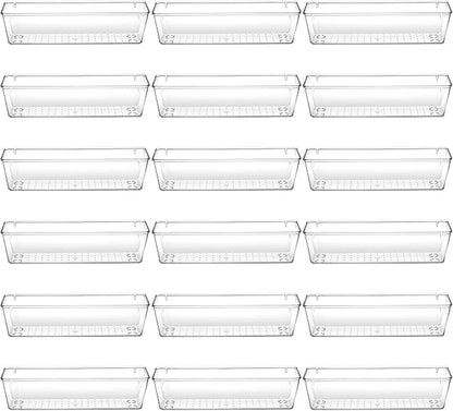 18 Pcs Clear Plastic Drawer Organizer 9 x 3 x 2 Inches Kitchen Bathroom Fridge Utensil Vanity Drawer Organizers Tray Makeup Storage Organizer Drawers Trays for Organization Office