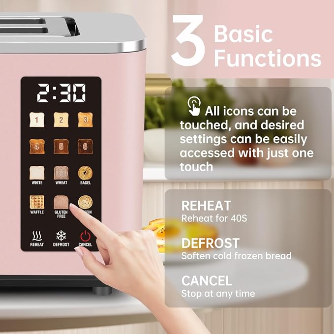 SEEDEEM Toaster 2 Slice, Touch Control Screen, Smart Stainless Toaster, 6 Shade Setting, 6 Bread Selection, Countdown, Removable Crumb Tray, 900W, Peach Pink