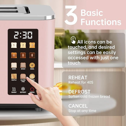 SEEDEEM Toaster 2 Slice, Touch Control Screen, Smart Stainless Toaster, 6 Shade Setting, 6 Bread Selection, Countdown, Removable Crumb Tray, 900W, Peach Pink