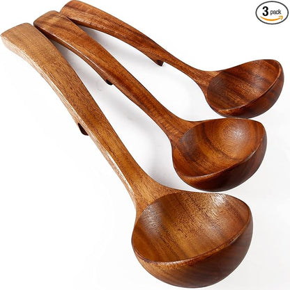 3Pcs Wooden Ladle for Soup, 3Size Natural Teak Wooden Cooking Spoons, Wood Soup Spoon for Serving, Stirring, Non-Stick Heat-Resistant, Kitchen Spoon Sets for Mom and Wife Cooking Gifts