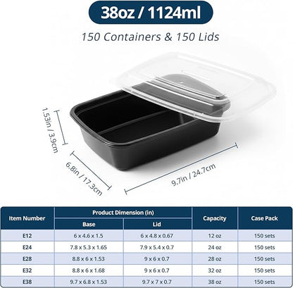 TIYA Food Containers - 38 oz Bulk 150 Pack with Lids - Rectangular Plastic To-Go Containers - Reusable, Microwavable, Dishwasher Safe - Leak-Proof for Meal Prep - BPA-Free