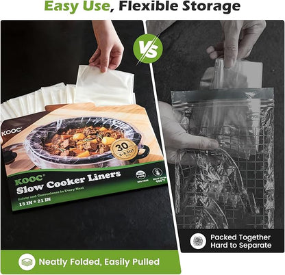 KOOC Slow Cooker Liners, 30 count 13" x 21" Large Size Cooking Bags Fits 3-8 Quart Pots, Disposable Cooking Trays Suitable for Oval & Round & Retangular Pot