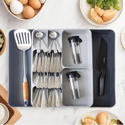 Silverware Organizer, Expandable Cutlery Drawer Organizer Utensil Tray for Home and Kitchen, Upgrade Adjustable Plastic Storage Flatware Holder for Forks, Spoons and Knives Large Grey