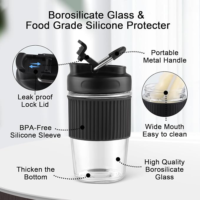 Sivaphe Reusable Glass Ice Hot Coffee Cup 16 oz, Portable Travel Mug with Spill-Proof Lid and Thermal Sleeve for Home Office Blue