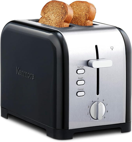 Kenmore 2-Slice Toaster, Black Stainless Steel, Extra Wide Slots, Bagel and Defrost Functions, 9 Browning Levels, Removable Crumb Tray, for Bread, Toast, English Muffin, Toaster Strudel