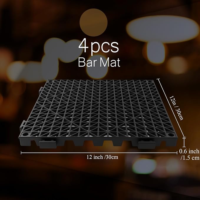 Tioncy 4 Pcs Bar Countertop Supplies Interlocking Mats 12 x 12 Inch Black Shelf Liners Bar Drying Coffee Non Slip Spills Mats for Bartending Home Cocktail Bars Restaurants