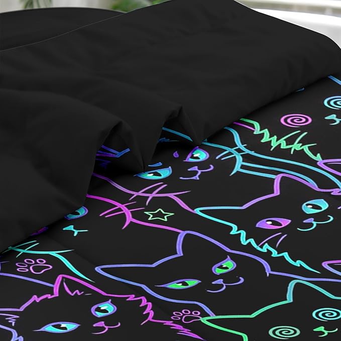 Pamnest 7 Pcs King Size Comforter Set with 2 Pillowcases & 2 Shams, Cute Cat Halloween Bedding Set for Kids and Adults, Neon Funny Gothic Bed in a Bag with Flat Sheet and Fitted Sheet