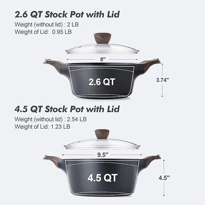 SENSARTE Nonstick Stock Pot with Lid, 2.6+4.5 QT Soup Pot Set Casserole Pot, Healthy Pasta Pot, Large Deep Cooking Pot, Big Sauce Pot Stew Pot, Induction Compatible, PFOA PFOS APEO Free, Black