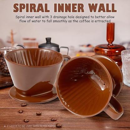 Pour Over Coffee Dripper, Ceramic Pour Over Coffee Maker with 3 Holes Flat Bottom, Easy Manual Brew Maker, Porcelain Slow Filter Cone for Travel, Camping, Office, Home,Brown