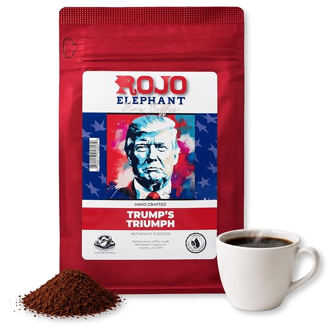 Rojo Elephant Caffeinated Ground Coffee, Single Origin Arabica Beans, Naturally Low Acid, Premium Ground Coffee (11 oz Bag) (Medium Dark Roast - Trump's Triumph)