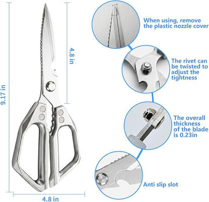Heavy Duty Kitchen Scissors, Stainless Steel All-Purpose Food Shears - Sharp Cooking Scissors for Poultry, Dishwasher Safe, Silver