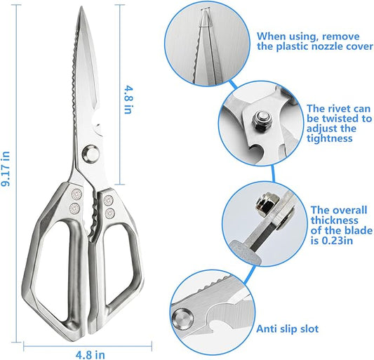 Heavy Duty Kitchen Scissors, Stainless Steel All-Purpose Food Shears - Sharp Cooking Scissors for Poultry, Dishwasher Safe, Silver