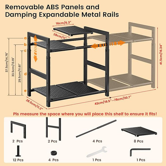 Under Sink Organizer and Storage 16.5"-30.7" Expandable Length, Adjustable Height Max 16.7" Under Sink Shelf 2 Tier with Removable ABS Panels Metal Frame for Bathroom Kitchen Pantry Cabitnet Pot Pan
