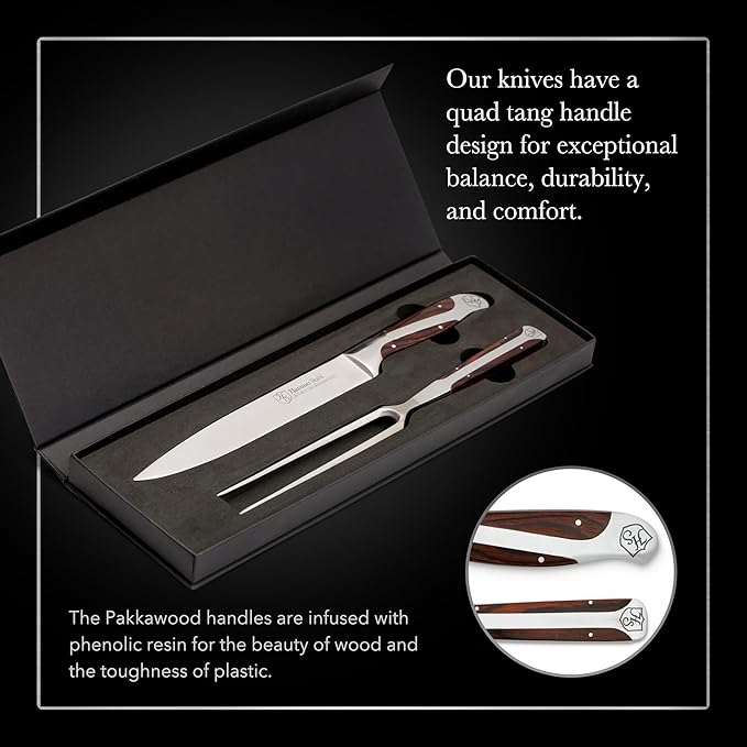German Forged High Carbon Stainless Steel Carving Knife and Fork Set | Professional Meat Carving Set with Ergonomic Pakkawood Handle