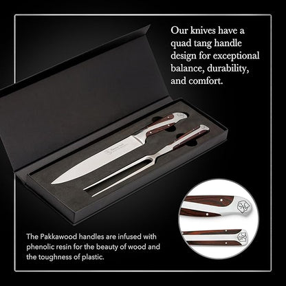 German Forged High Carbon Stainless Steel Carving Knife and Fork Set | Professional Meat Carving Set with Ergonomic Pakkawood Handle