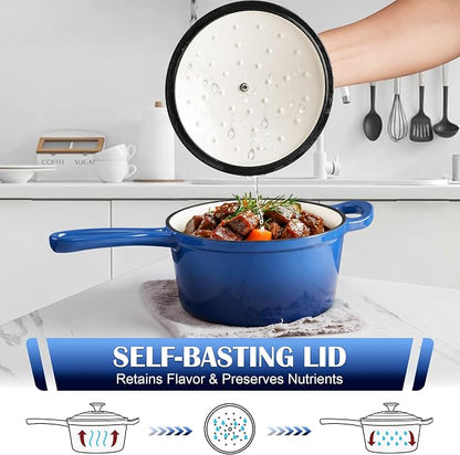 E-far 1Qt & 2Qt Sauce Pan Set, Enameled Cast Iron Saucepans Pot with Self-basting Lids, Heavy Duty Small Dutch Oven for Stove, Induction-Ready & Easy Clean, Deep Blue