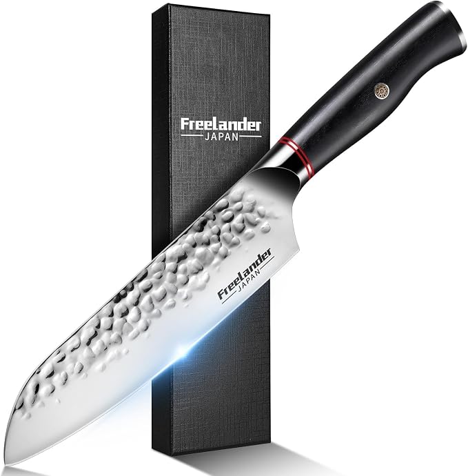 Freelander 7 Inch Chef Knife,Sharp Japanese Santoku Knife, High Carbon Stainless Steel Kitchen Knife, Professional Cooking Knife for Home and Kitchen with Ergonomic Handle