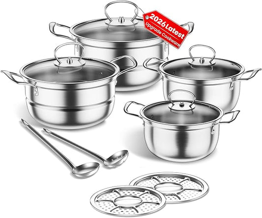 Stainless Steel Cookware Set, 12 Piece Pots Set with Steamer and Spoon, Kitchen Induction Cookware Set, Works with Induction, Kitchen Cooking Set with Glass,uncoated (Gray silver)
