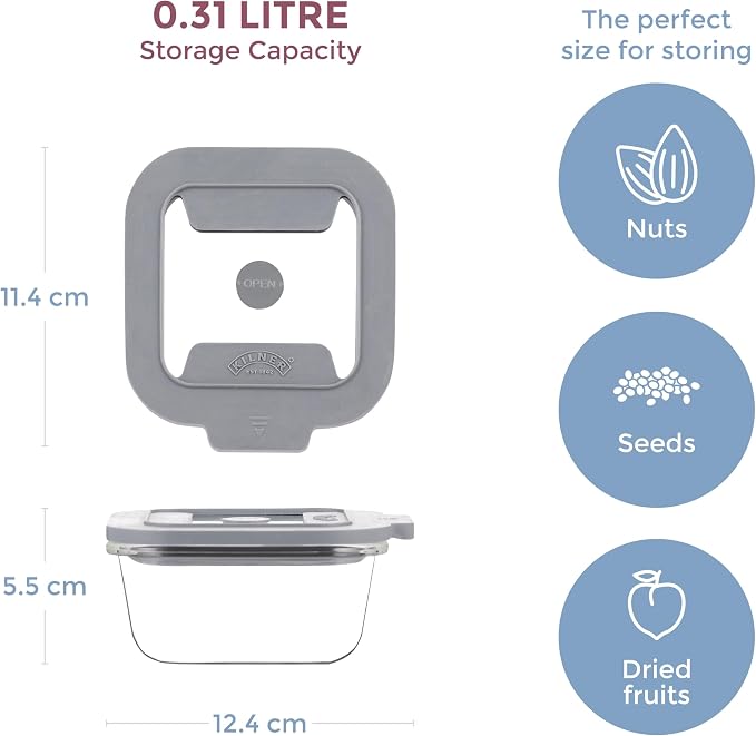 Kilner Fresh Storage 0.31 Litre Airtight Glass Container Durable Leakproof Lid with Vacuum Seal for Food Storage Leftovers Snacks Meal Prep Batch Cooking