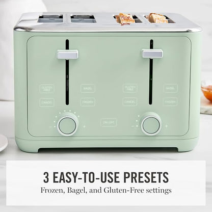 Martha Stewart 4 Slice Toaster, 10 Shade Settings with Defrost, Cancel, Bagel & Gluten-Free, Extra-Wide Self-Centering Slots for Waffles, Artisan Bread, Removable Crumb Tray, Cord Wrap,1800W, Honeydew