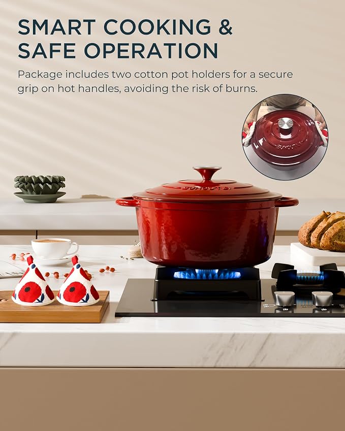 Enameled Cast Iron Dutch Oven - 4.5QT Pot with Lid & Cotton Potholders - Heavy-Duty Cookware for Braising, Stews, Roasting, Bread Baking, Oven Safe up to 500°F & Suitable for All Cooktops, Cherry Red