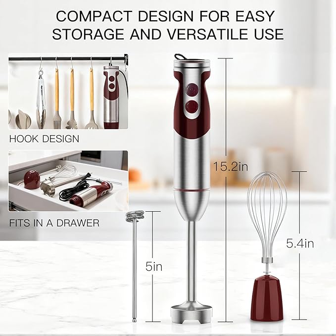 Megawise 3- in-1 Immersion Hand blender, Powerful MOTOR & Stainless Steel Stick Blender, 4 Sharp Blades with Whisk, Milk Frother Attachments