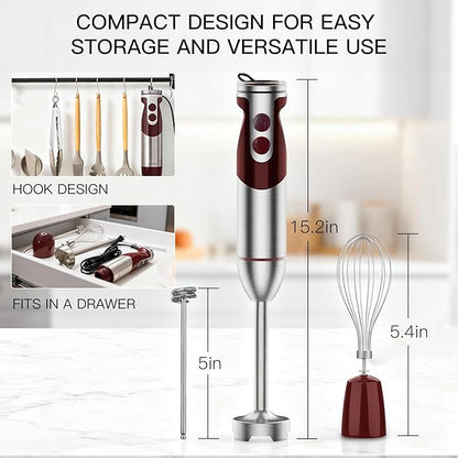 Megawise 3- in-1 Immersion Hand blender, Powerful MOTOR & Stainless Steel Stick Blender, 4 Sharp Blades with Whisk, Milk Frother Attachments