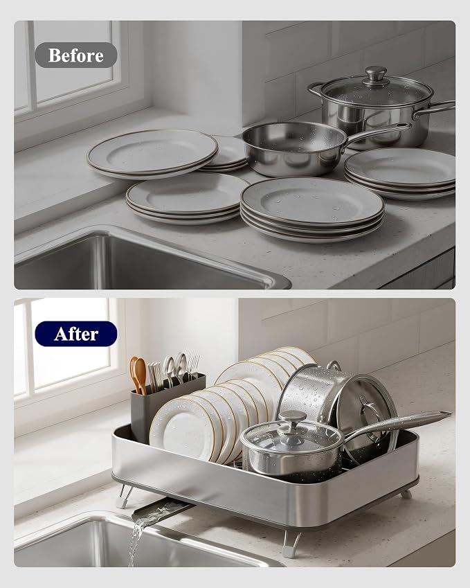 Kitsure Dish Drying Rack - Stainless Steel Dish Rack with Cutlery Holder, Rust-Resistant Wrapped Edges, Space-Saving Dish Racks for Kitchen Counter, 16.1" x 12.7" x 4.6", Black